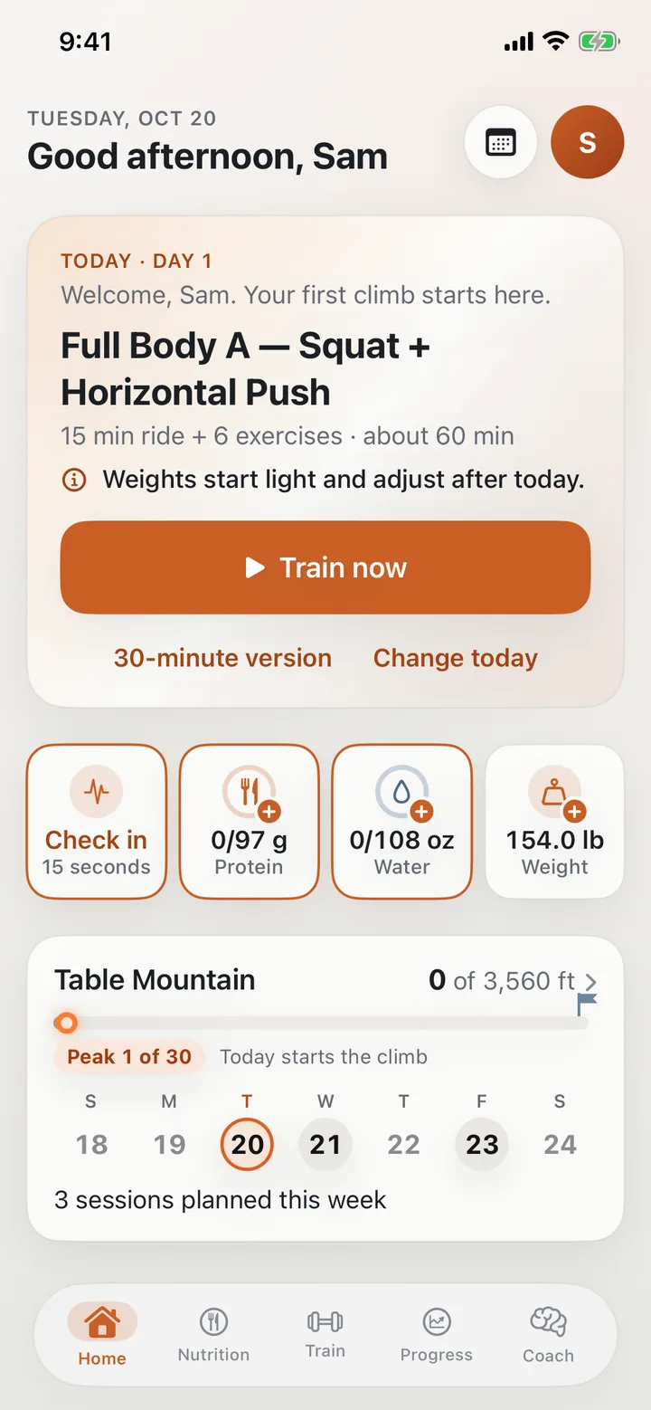 Home on day one: today's Full Body A workout, with the note that weights start light and adjust after today.