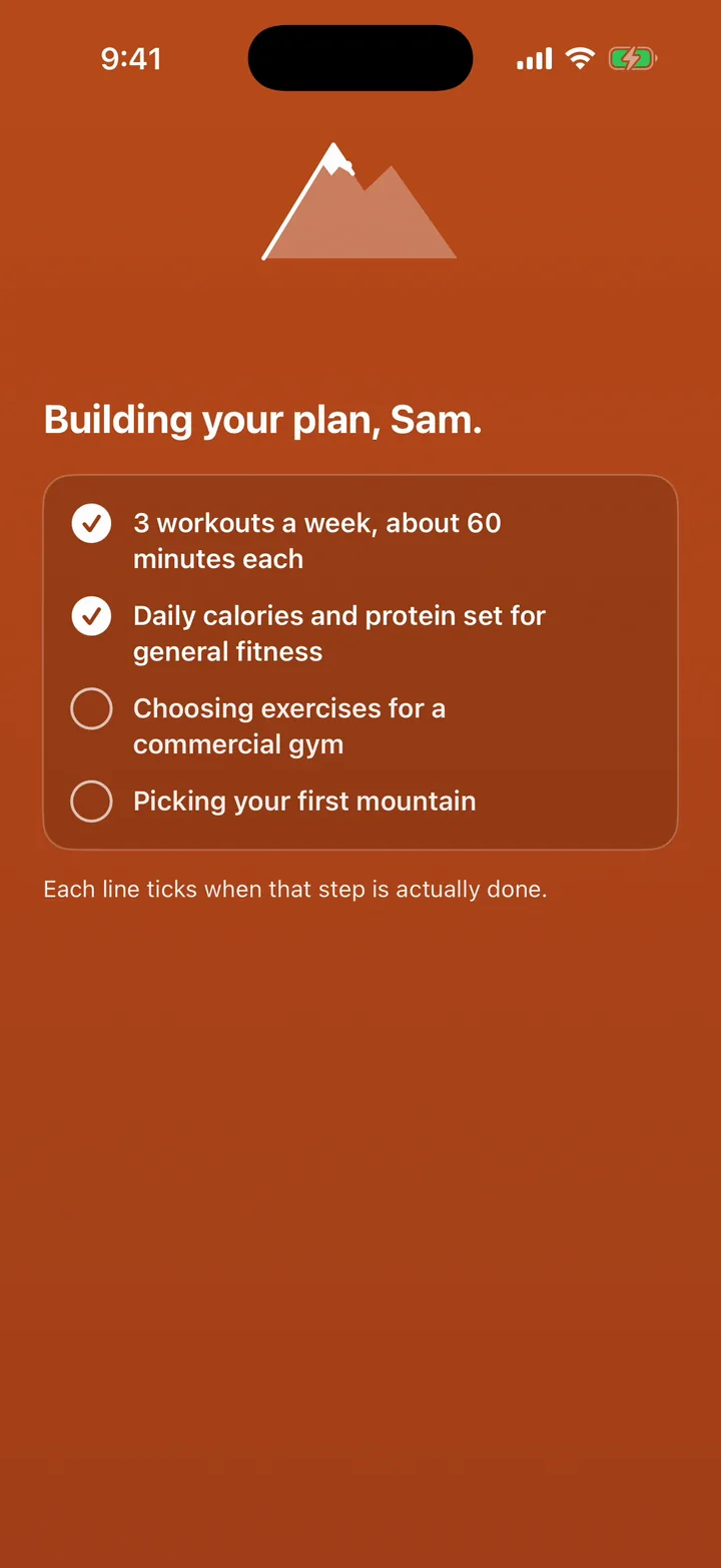 Building your plan: three workouts a week, daily calories and protein, choosing exercises for a commercial gym, picking your first mountain.
